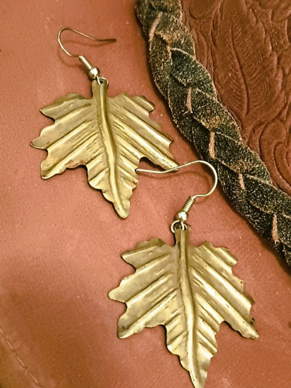 Handmade Dangle Leaf Earrings Vintage Gold Tone Crimped Metal Boho Jewelry